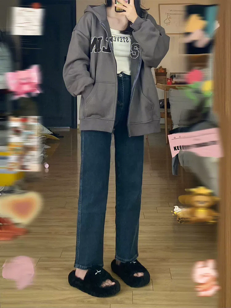 Quần jean ống đứng dáng quả lê cỡ lớn dành cho nữ, lót lông cừu mùa thu đông, quần thuốc lá rộng lưng cao nhỏ nhắn che hông.
