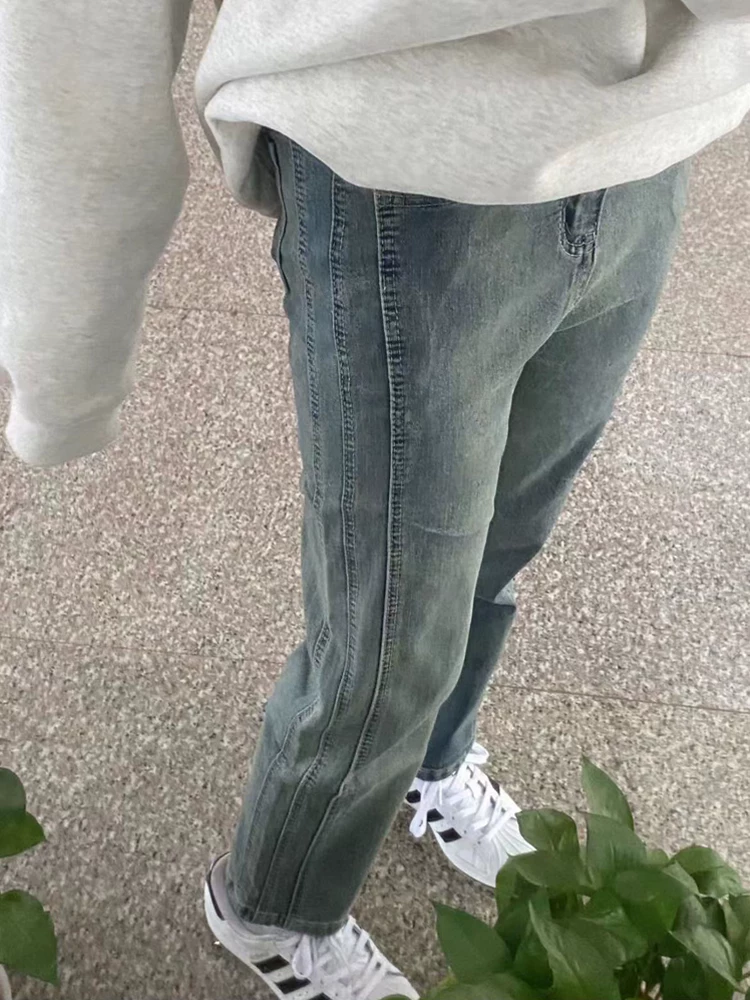 Quần jean ống đứng dáng quả lê dành cho nữ, cỡ lớn, phong cách mới đầu thu, quần ống đứng co giãn cạp cao che hông kiểu dáng nhỏ nhắn