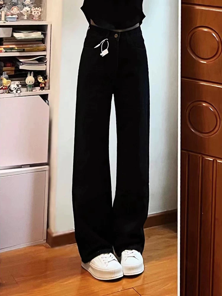 Quần jean ống thẳng dáng quả lê dành cho nữ, cỡ lớn, phong cách mới đầu thu, lưng cao, dáng rộng, dáng suông, quần dài đến sàn