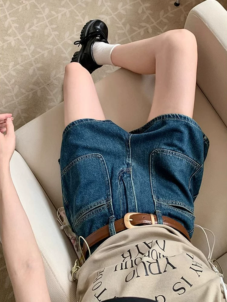 Quần short denim màu xanh retro dành cho nữ trong mùa hè, cỡ lớn, eo cao, dáng rộng, tôn dáng, dành cho người có thân hình quả lê, quần ống rộng dáng chữ A