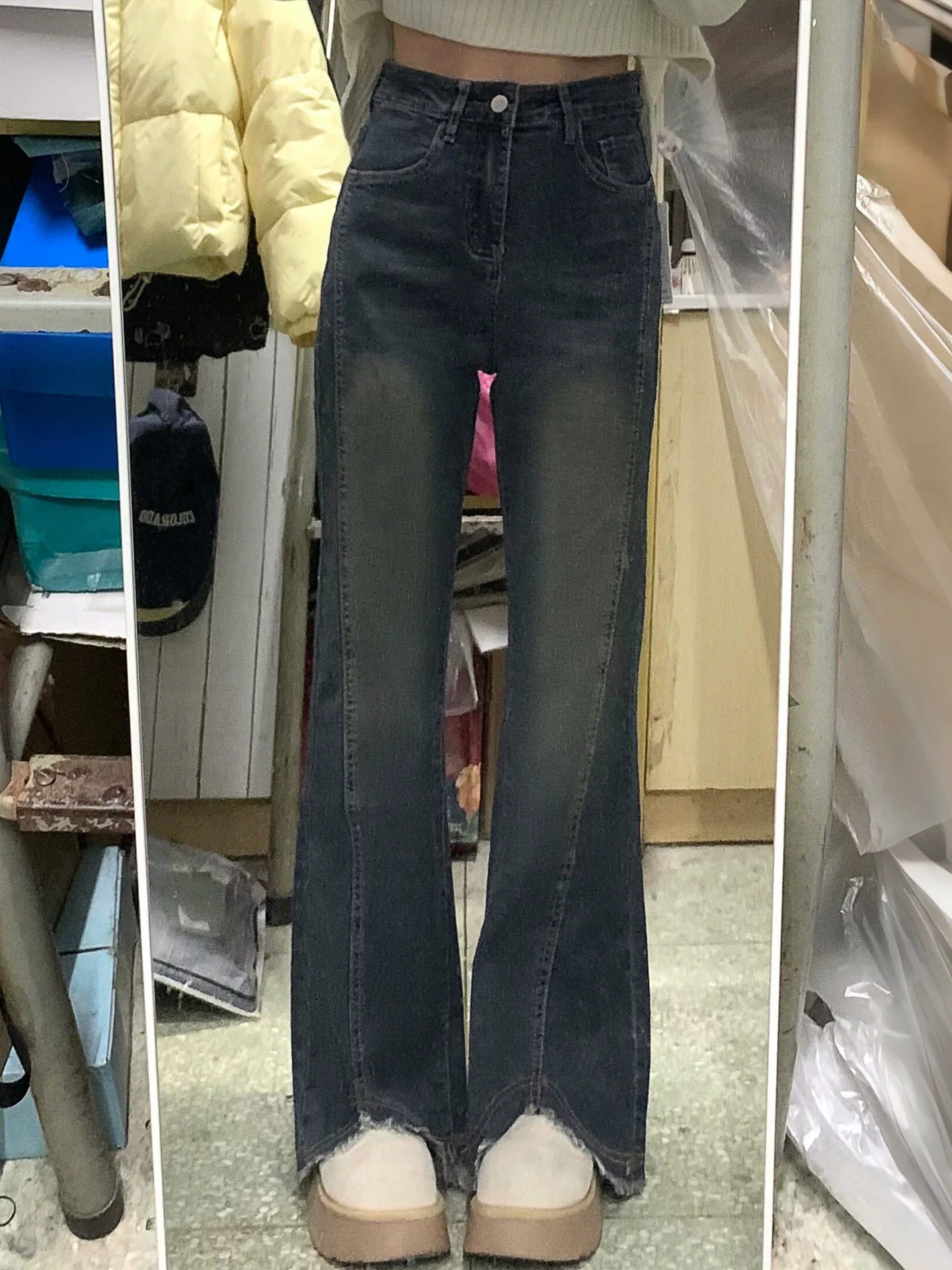 Quần jean xẻ tà thô, kiểu dáng mới mùa thu, size lớn, cạp cao, co giãn, che hông, quần ống loe tôn dáng