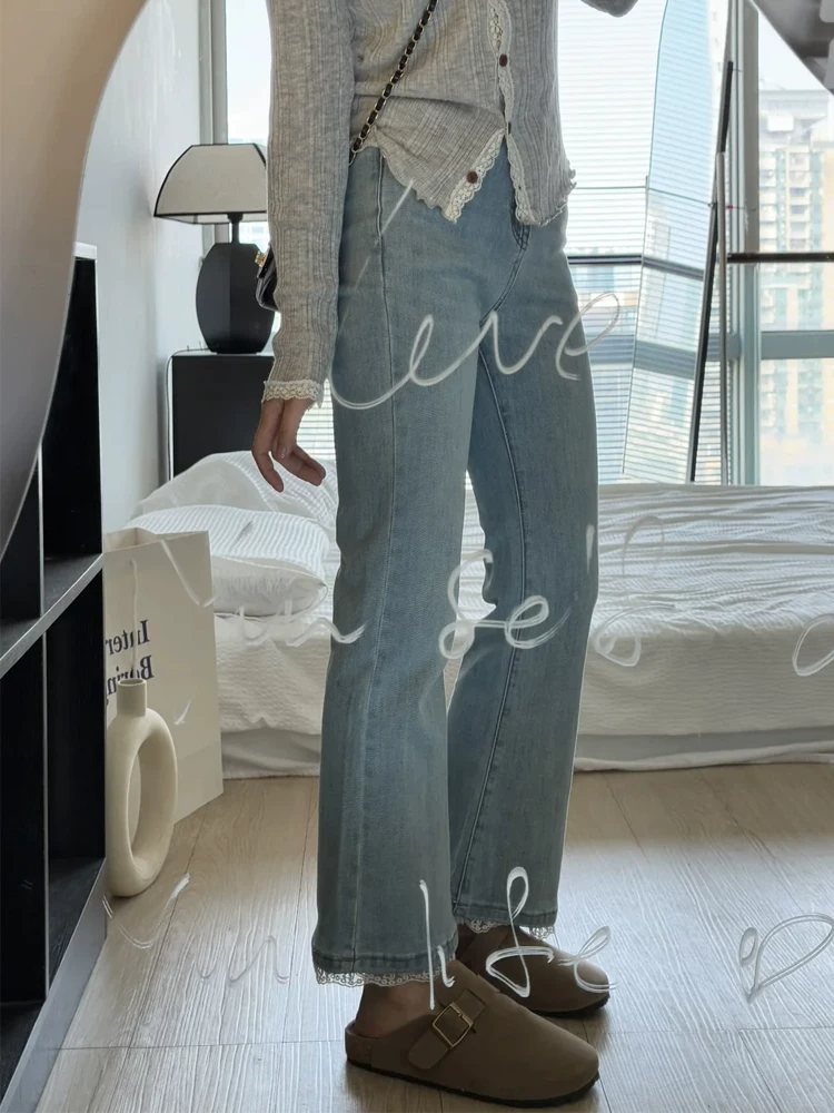 Quần jean xòe phối ren cổ điển dành cho nữ, phong cách xuân hè, cỡ lớn, eo cao, co giãn, tạo dáng thon gọn, quần xòe chín phần