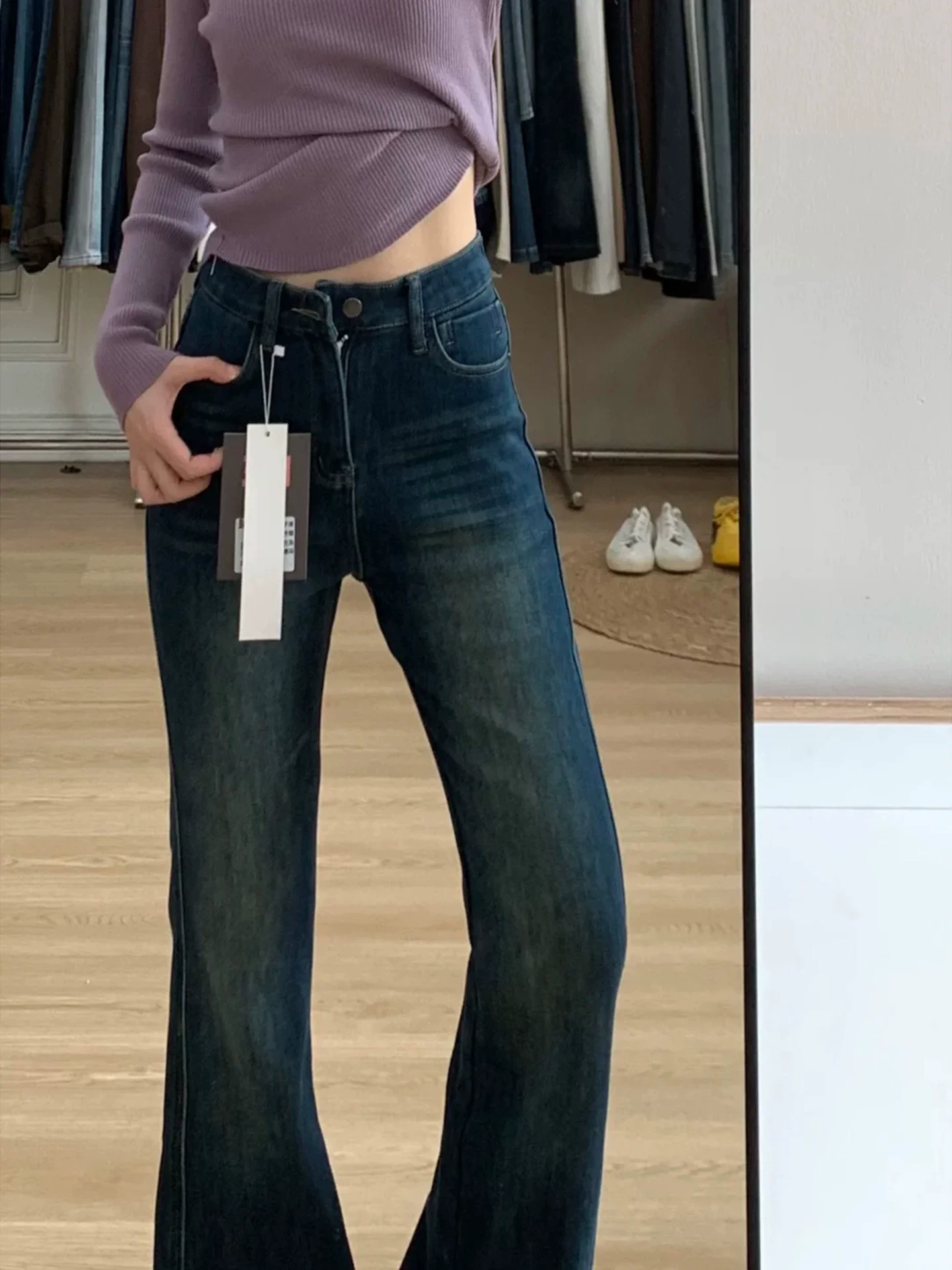 Quần jean ống loe cổ điển dành cho nữ, lót lông cừu mùa đông, dày, cỡ lớn, cạp cao, co giãn, không bó sát, quần ống chuông.