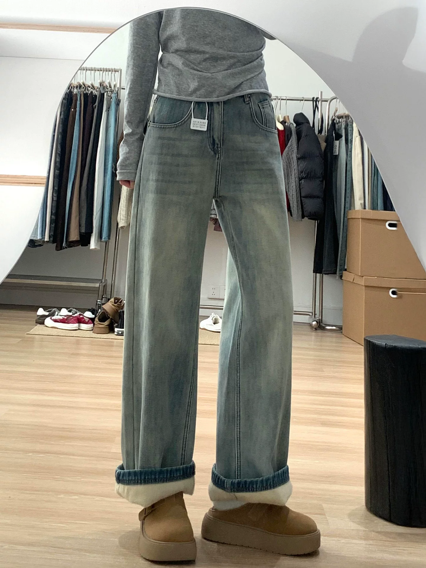 Quần jean ống rộng dày lót lông cừu dành cho nữ, mùa thu đông, cỡ lớn, lưng cao, dáng rộng, giảm béo, dáng quả lê, quần ống thẳng