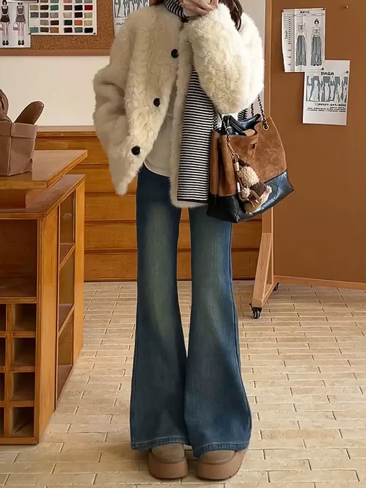Quần jean nữ ống loe cạp cao cổ điển, size lớn, lót lông cừu, co giãn, tôn dáng, quần ống chuông, quần ống loe giữ ấm mùa đông.