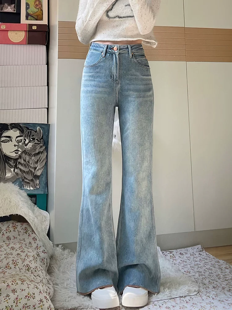 Quần jean ống rộng dành cho phụ nữ cỡ lớn, kiểu mới đầu xuân, cỡ lớn, màu xanh cổ điển, lưng cao, dáng rộng, dáng thon gọn, quần dài hình móng ngựa.