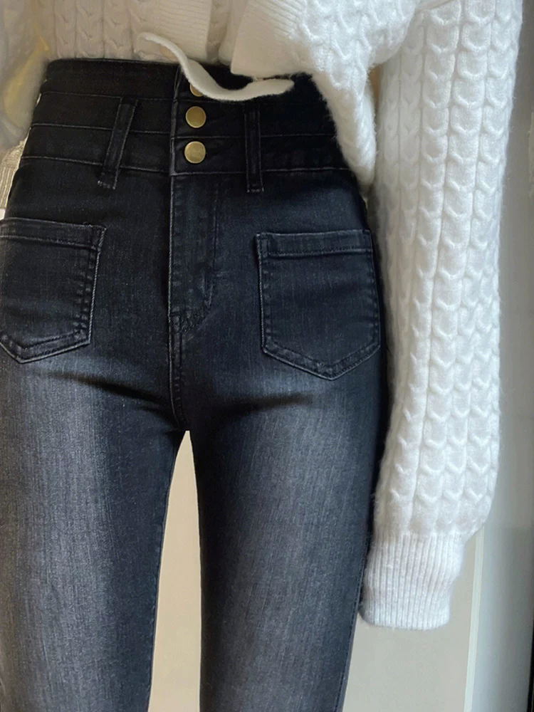 Quần jean dáng chuông, ống thẳng hơi loe dành cho nữ, phong cách đầu thu, size lớn, cạp cao, co giãn, che hông, quần loe tôn dáng