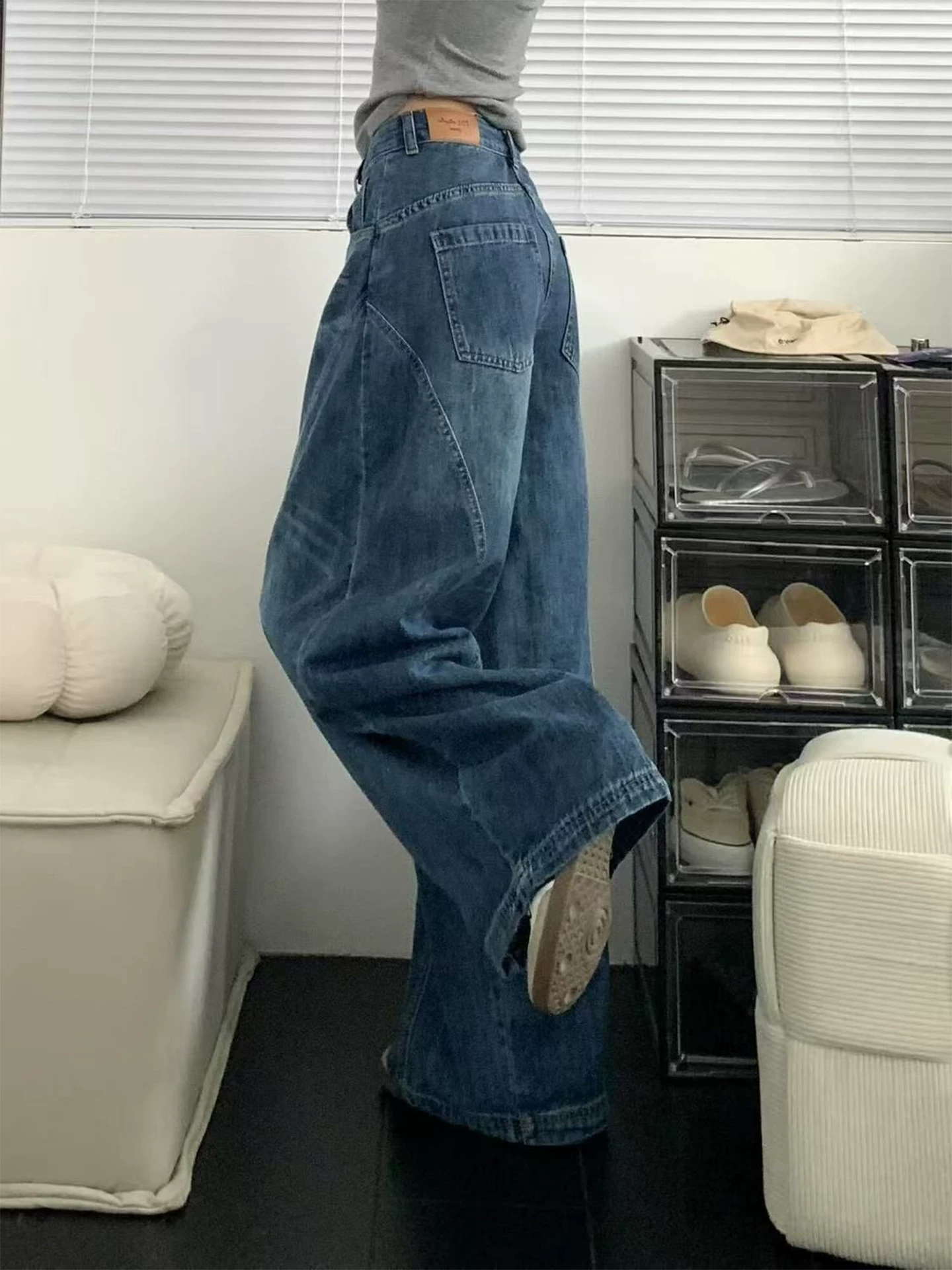 Quần jeans kiểu Mỹ cổ điển dáng rộng dành cho nữ mùa thu 2025, size lớn, cạp cao, dáng rộng, tôn dáng, dài chấm đất