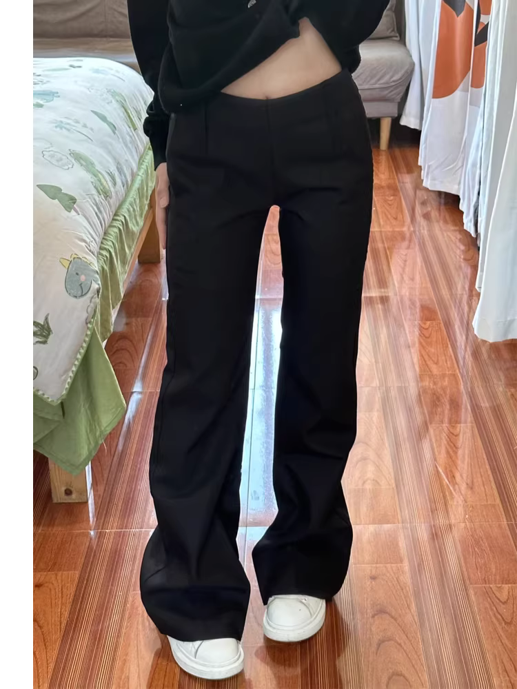 Quần tây ống loe lưng thấp màu đen dành cho nữ, kiểu dáng mùa xuân mới, cỡ lớn, dáng quả lê, quần dài dáng suông tôn dáng