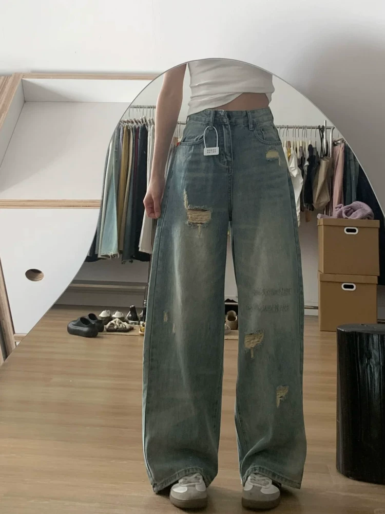 Quần jeans rách nữ, kiểu dáng mỏng mùa hè, size lớn, cạp cao, che bụng, tôn dáng, dành cho người có dáng quả lê, quần ống rộng thẳng