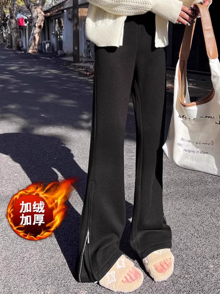 Quần ống loe dày lót lông cừu màu trắng nhạt dành cho nữ, mùa thu đông, cỡ lớn, lưng cao, dáng suôn, che hông, quần ống chuông giúp thon gọn.