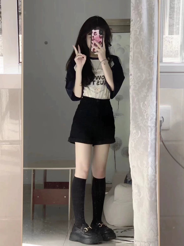 Quần short denim nữ dáng quả lê nhỏ nhắn dành cho mùa hè, cỡ lớn, lưng cao, co giãn, che hông, quần chữ A tôn dáng thon gọn