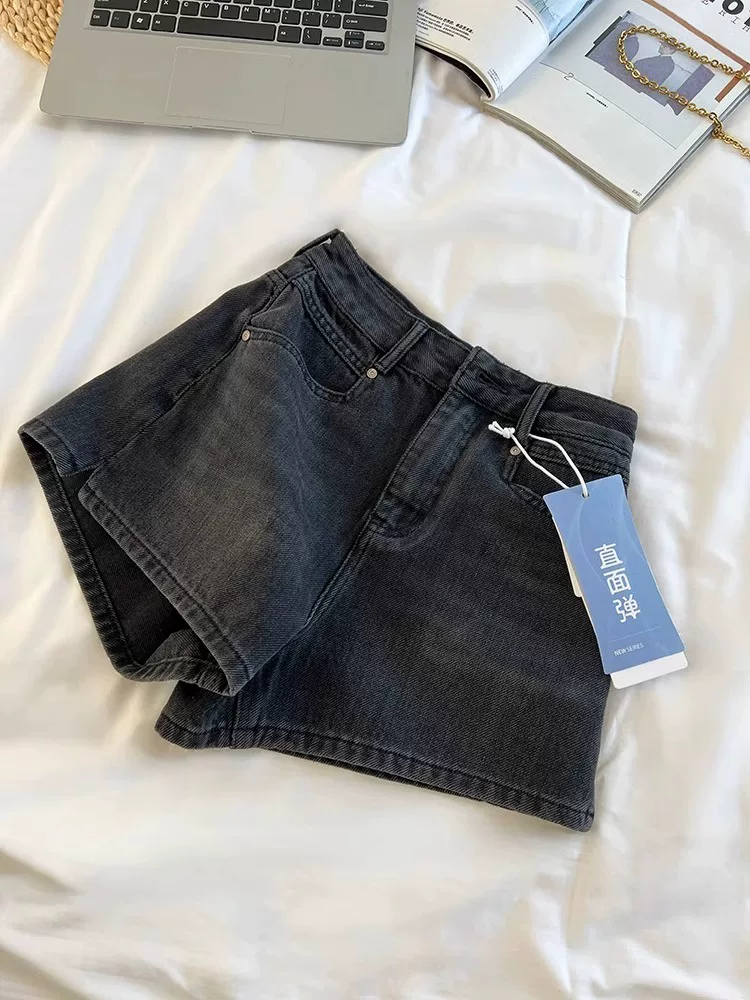 Quần short denim xẻ tà lưng cao dáng quả lê dành cho nữ, size lớn mùa hè, dáng nhỏ nhắn, co giãn, quần chữ A tôn dáng