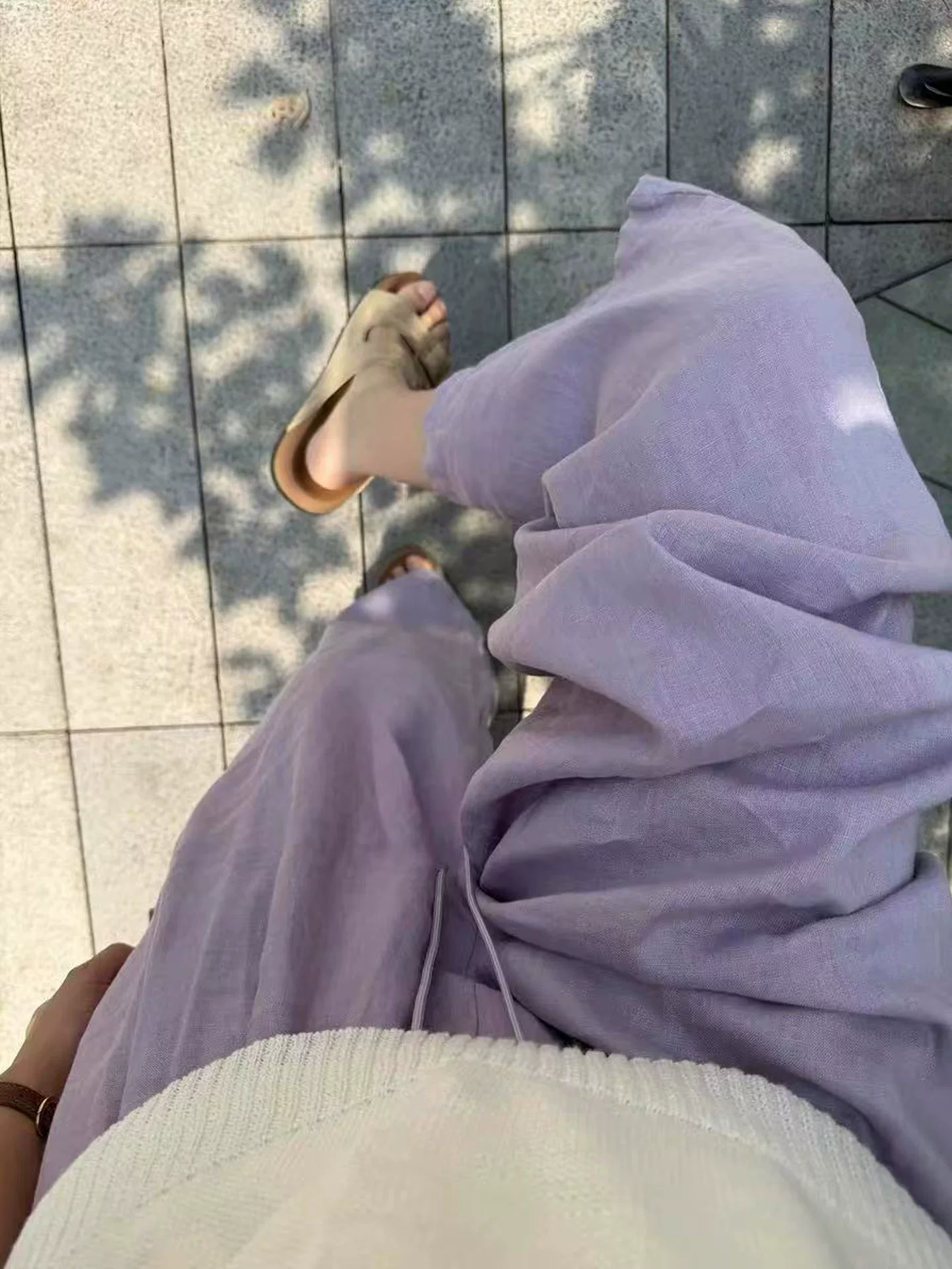 Quần vải lanh màu hồng tím dành cho nữ, kiểu dáng mỏng mùa hè 2025, cỡ lớn, lưng cao, che hông, tôn dáng, quần ống rộng thoải mái