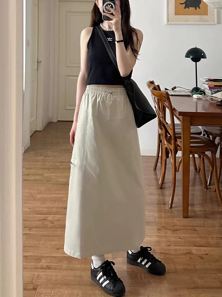 Váy công sở thông thường của Mỹ dành cho nữ, kiểu dáng mỏng mùa hè, cỡ lớn, lưng cao, che hông, giảm béo, váy chữ A dài vừa phải.