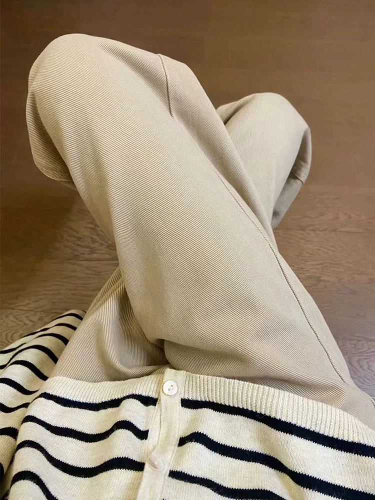 Quần jean ống đứng màu kaki cho nữ, cỡ lớn, phong cách mới mùa thu, lưng cao, dáng rộng, che hông, giảm béo, quần ống rộng