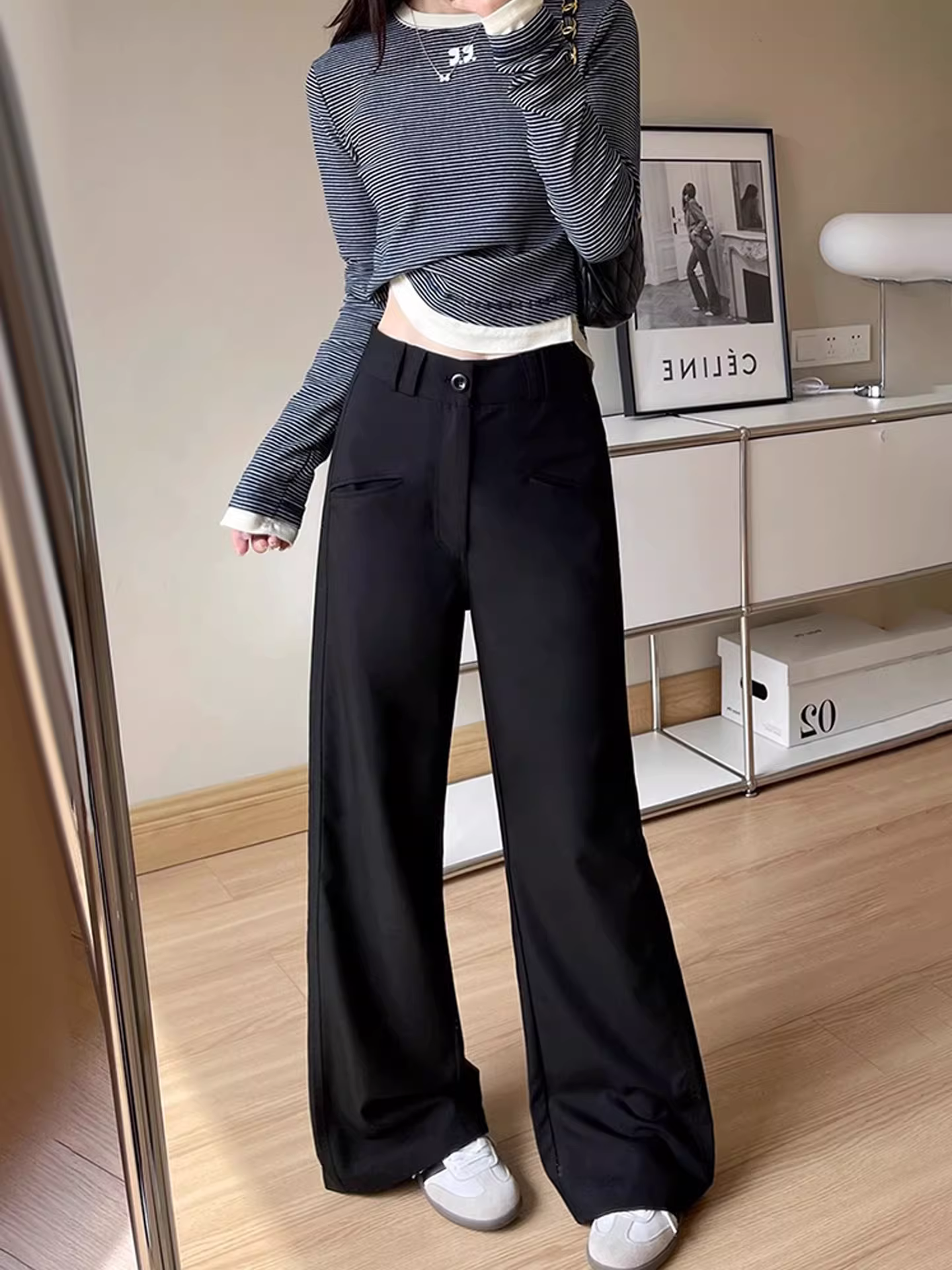 Quần âu dáng quả lê màu đen dành cho nữ, kiểu dáng mùa thu mới, cỡ lớn, lưng cao, mềm mại, tôn dáng, quần ống rộng