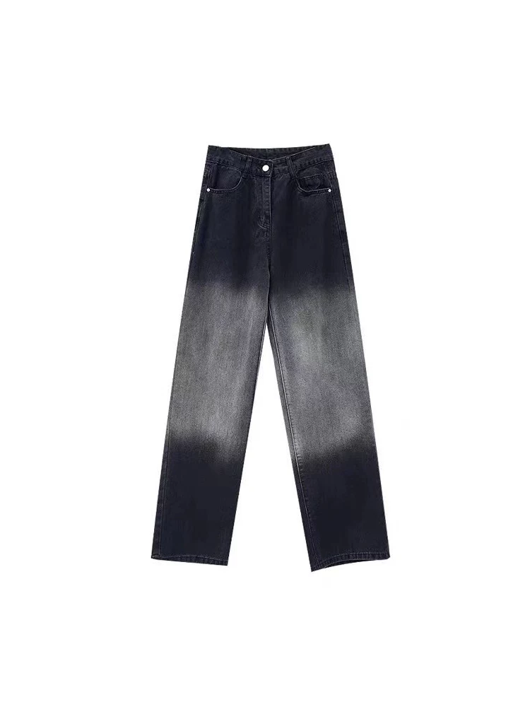 Quần jean màu gradient hình quả lê dành cho nữ, cỡ lớn, phong cách đầu thu, lưng cao, dáng rộng, giảm béo, ống rộng, quần dài đến sàn