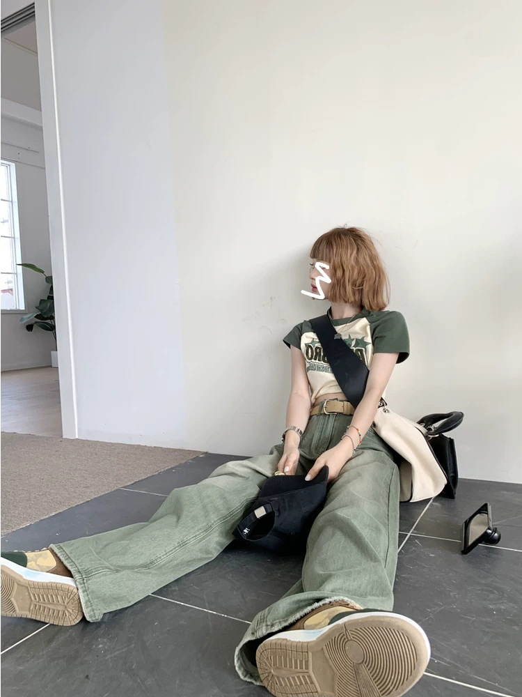 Thân hình quả lê, quần jean xanh cổ điển kiểu Mỹ, dành cho nữ cỡ lớn, lưng cao, dáng rộng, tôn dáng, ống rộng, quần dài chạm sàn