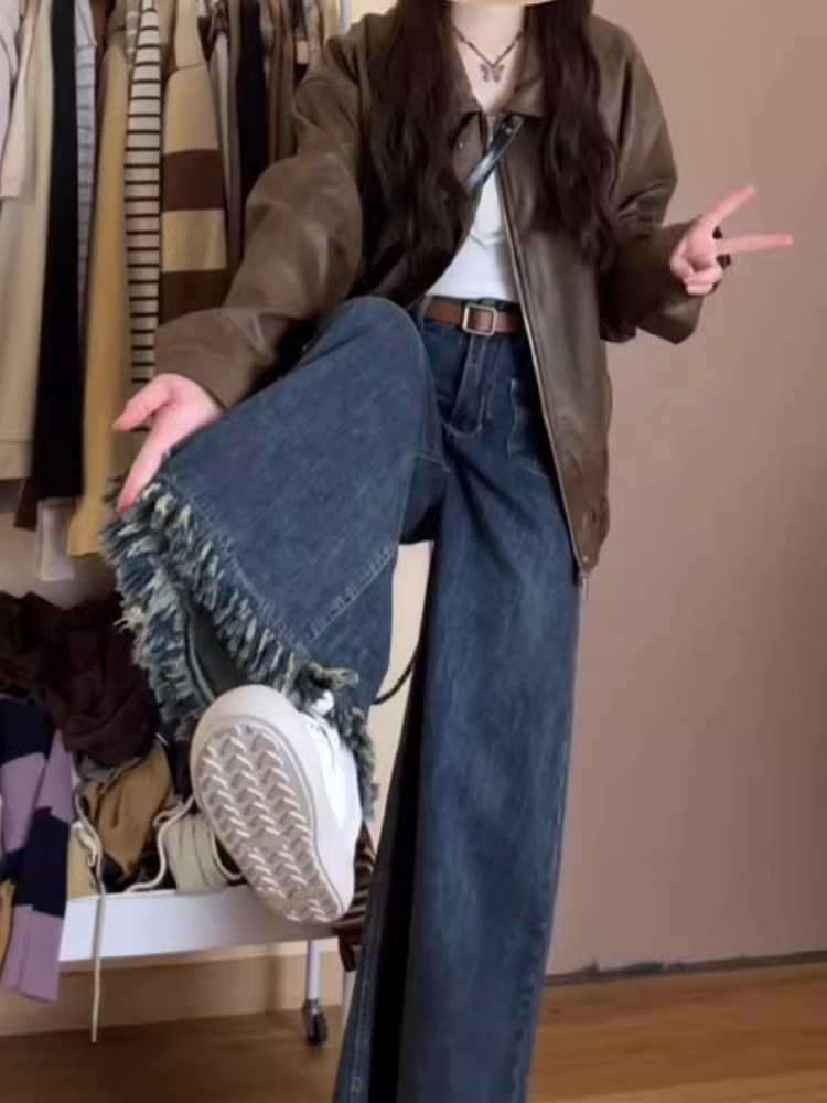 Quần jean ống thẳng dáng quả lê dành cho nữ, mùa thu, cỡ lớn, mập mm, hông rộng và đùi dày, lưng cao, dáng rộng, dáng suông, quần ống rộng chữ A