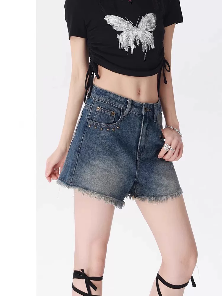 Quần short denim cổ điển kiểu Mỹ dành cho nữ, dáng quả lê mùa hè, cỡ lớn, lưng cao, dáng rộng, thon gọn, dáng chữ A, viền sờn, quần ống rộng