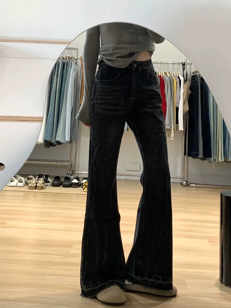 Quần jean loe nữ không bó sát chân, kiểu mới xuân 2025, size lớn, cạp cao, rộng rãi, che hông, quần chuông tôn dáng