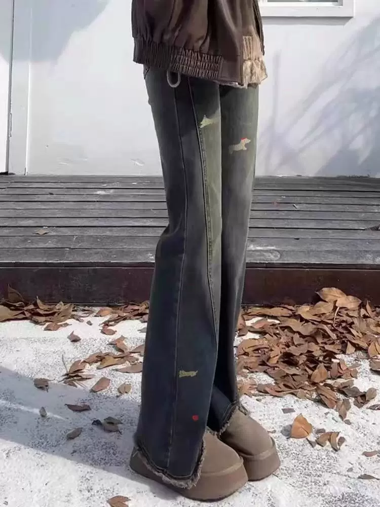 Quần jean ống loe kiểu Dachshund dành cho nữ, mùa thu đông, lót lông cừu, dày dặn, cỡ lớn, lưng cao, co giãn, quần ống loe thon gọn