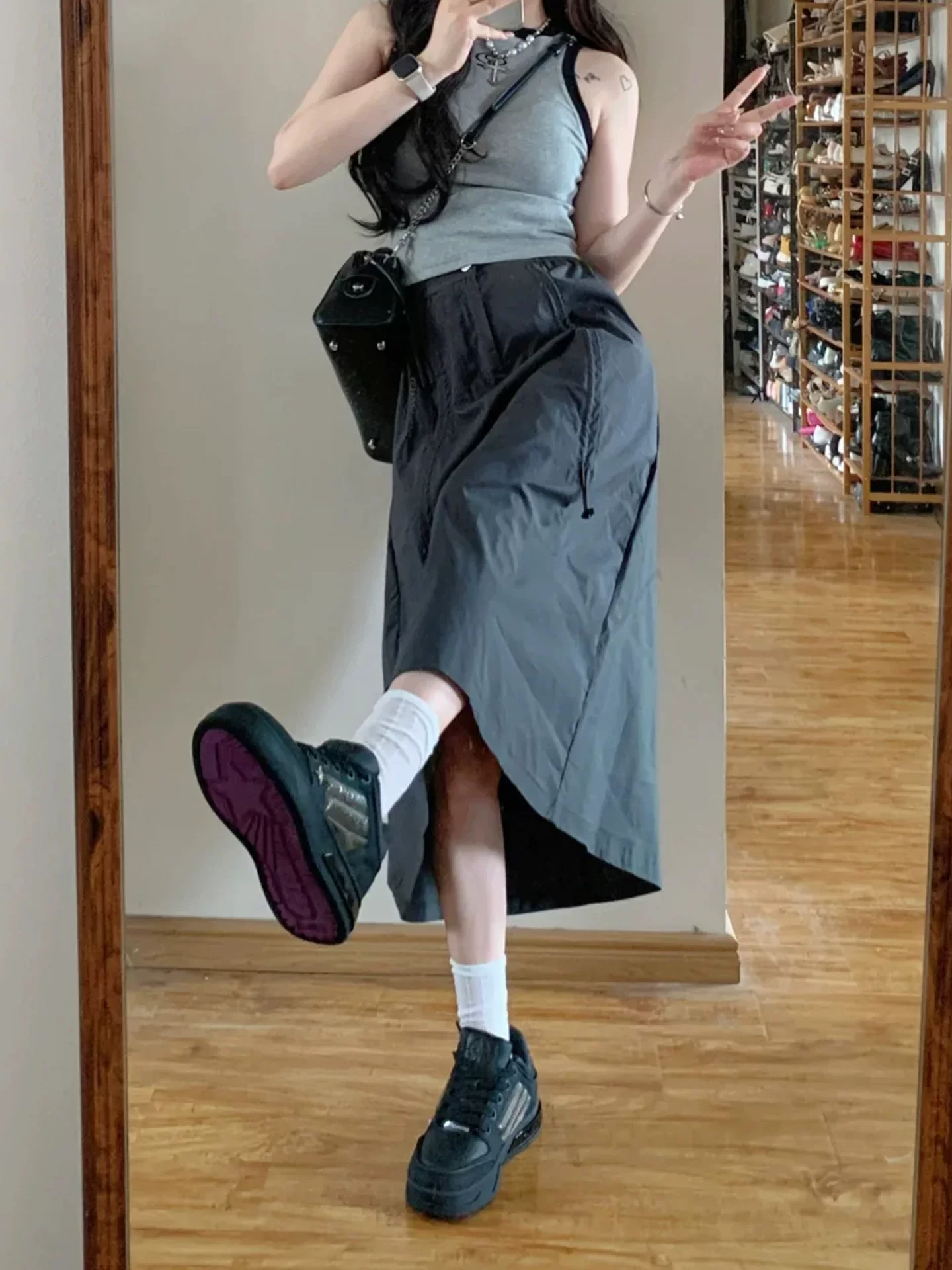 Váy công sở cổ điển kiểu Mỹ dành cho nữ, cỡ lớn mùa hè, lưng cao, che hông, giảm béo, dáng quả lê, váy chữ A