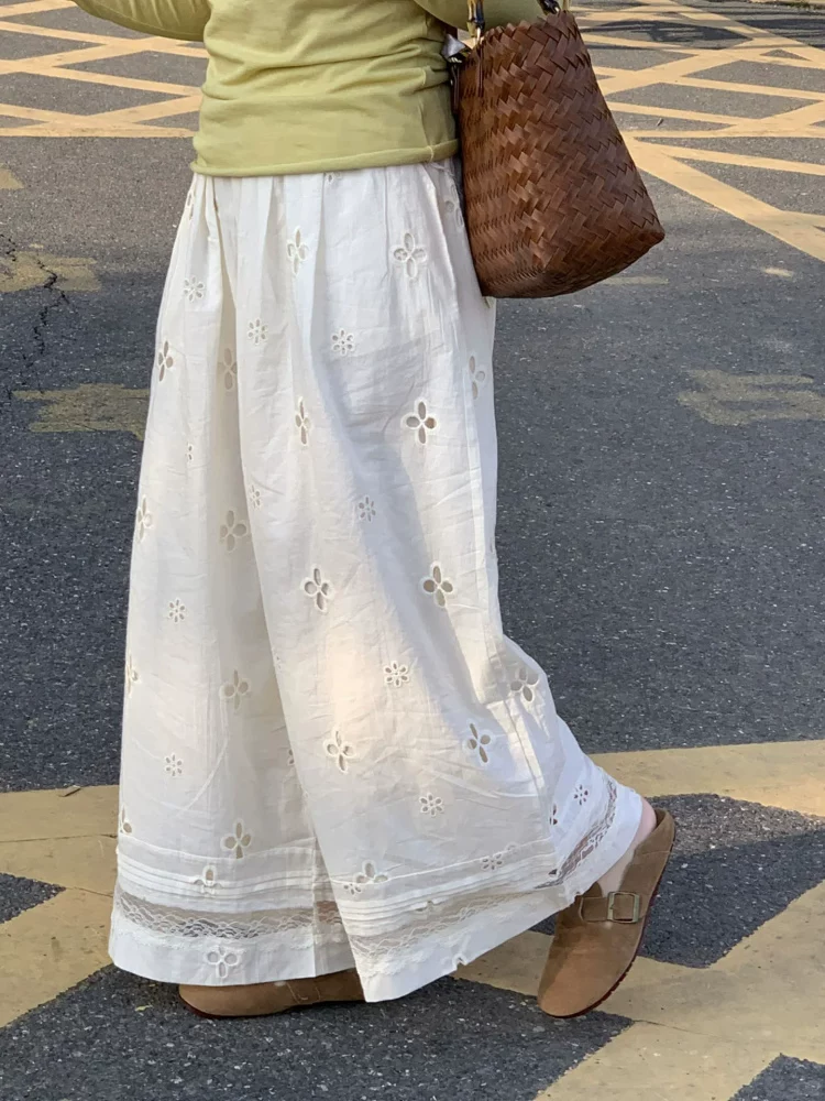 Quần ống rộng thường ngày màu trắng, kiểu vá chắp, dành cho nữ, cỡ lớn mùa hè, lưng cao, dáng rộng, tôn dáng, kiểu quần Miyuki Yamamoto.