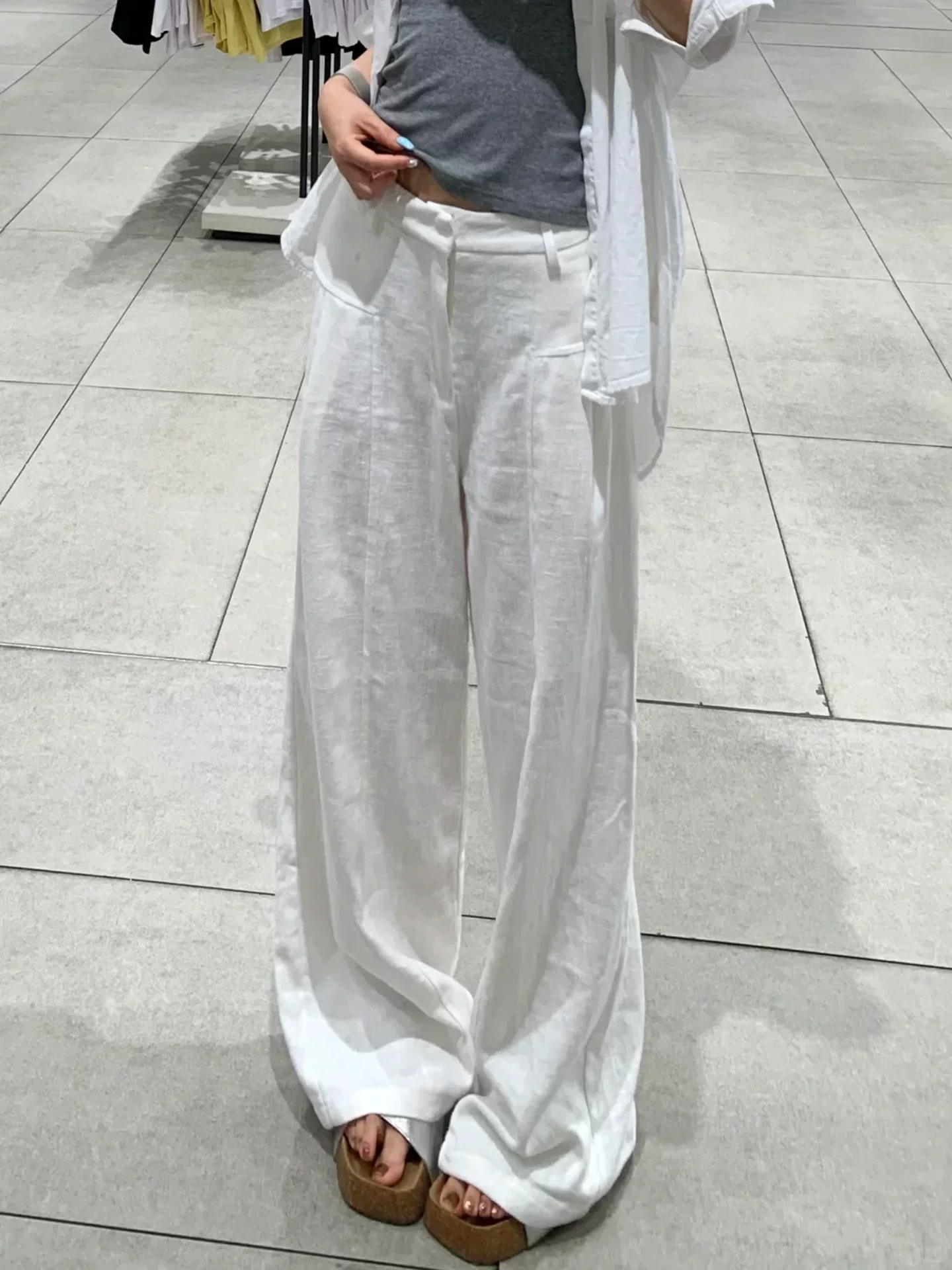 Quần vải lanh trắng kiểu tiền cổ điển dành cho nữ, size lớn mùa hè, cạp cao, chất liệu mềm mại, tôn dáng, quần ống rộng dáng thẳng.