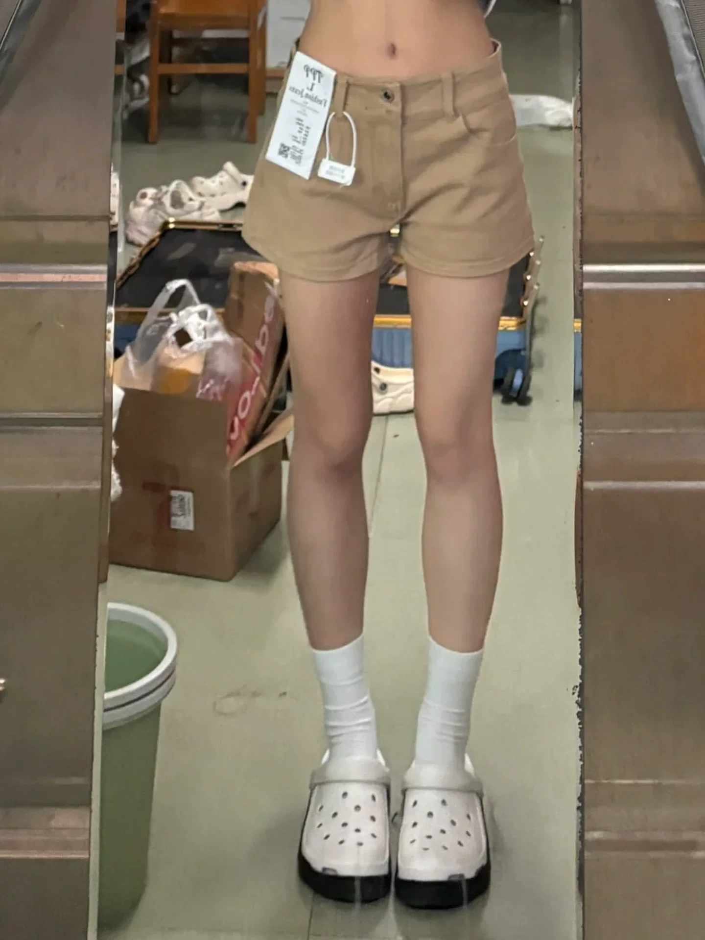 Quần short denim chữ A màu kaki dành cho nữ, cỡ lớn mùa hè, lưng cao, che hông, giảm béo, dáng quả lê, quần ống rộng