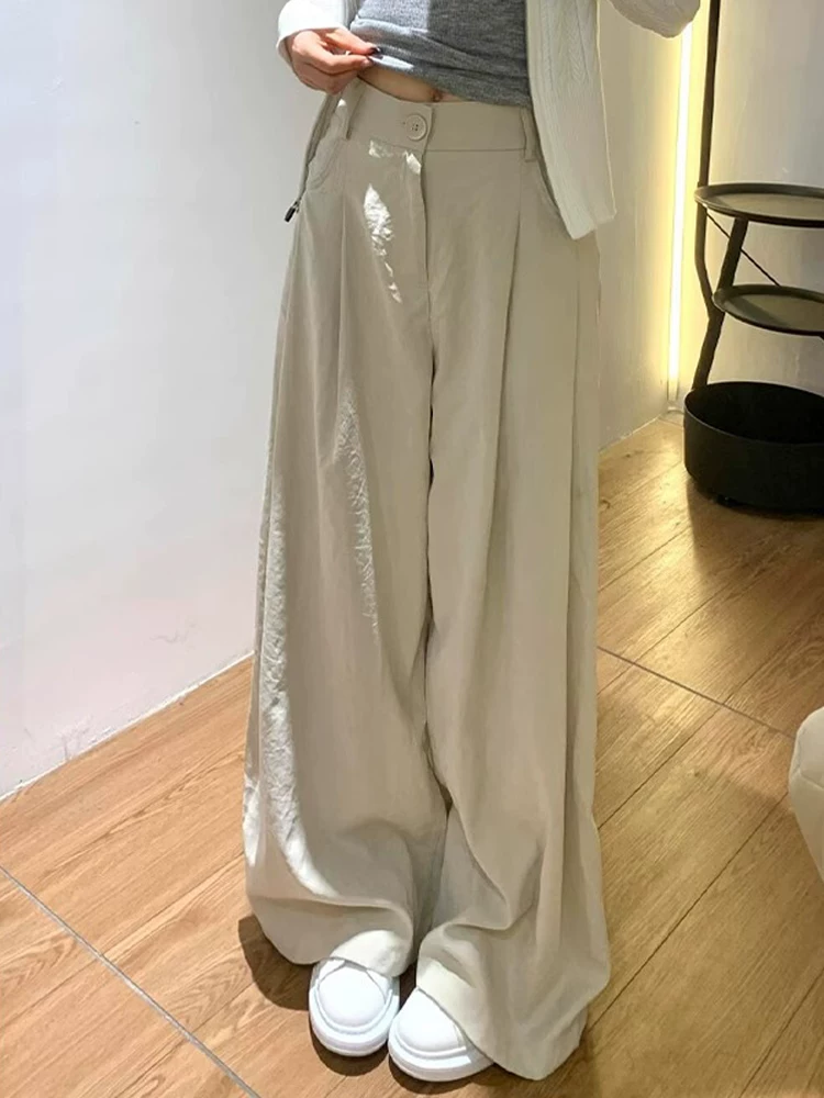Quần ống rộng thông thường dành cho nữ, cỡ lớn mùa hè, lưng cao, dáng rộng, thon gọn, dáng quả lê, chân dày, hông rộng, quần dài ống thẳng