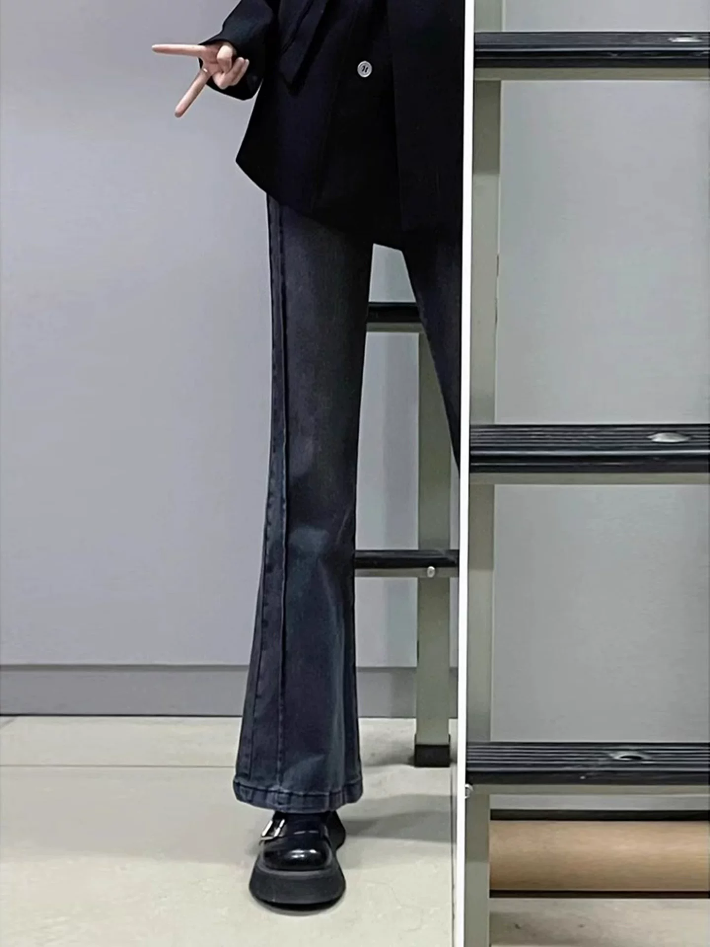 Quần jean ống đứng xòe dành cho nữ, mùa thu, cỡ lớn, cạp cao, co giãn, che hông, thon gọn, dáng quả lê, quần ống loe