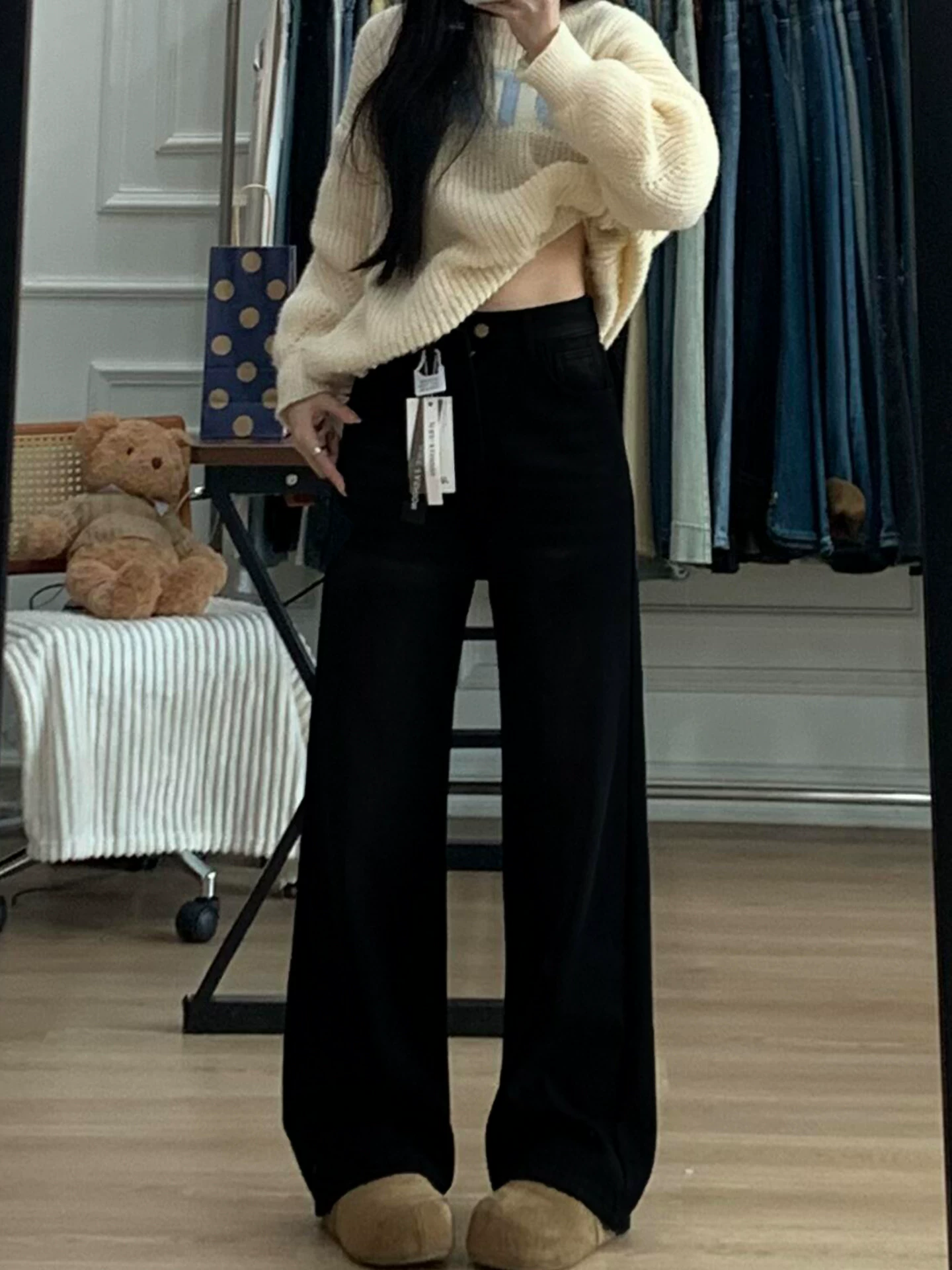 Quần jean đen ống đứng dành cho nữ, mùa đông, cỡ lớn, lót lông cừu, dày dặn, cạp cao, co giãn, che hông, dáng quả lê, quần ống rộng