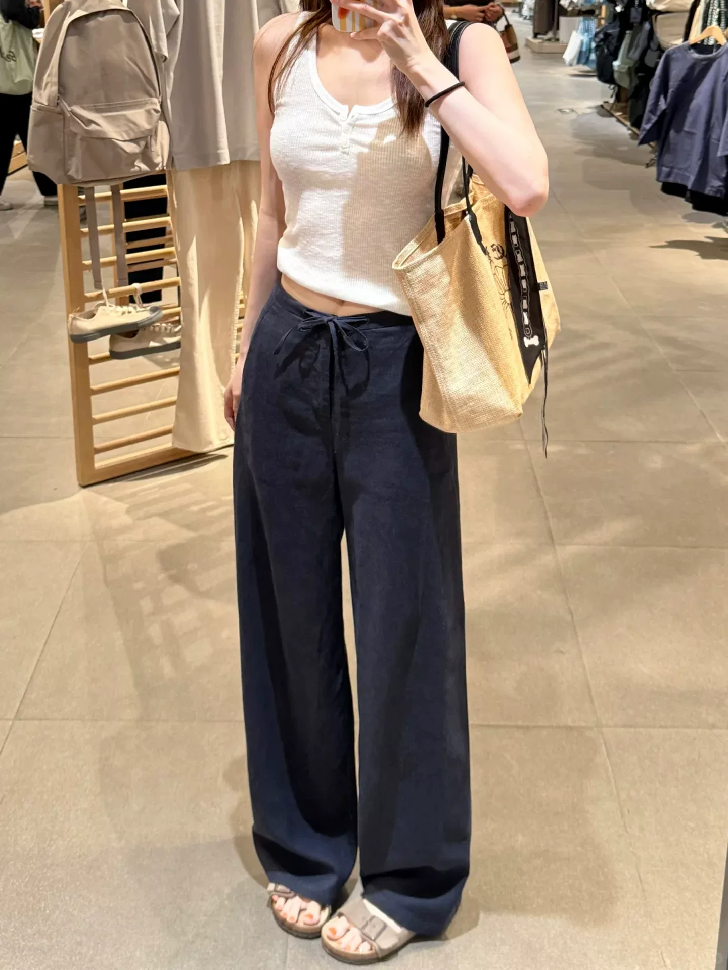 Quần ống rộng bằng vải cotton-linen màu xanh hải quân dành cho nữ, kiểu dáng mỏng mùa hè, cỡ lớn, lưng cao, vải lụa băng, dáng suôn, quần ống thẳng thông thường.