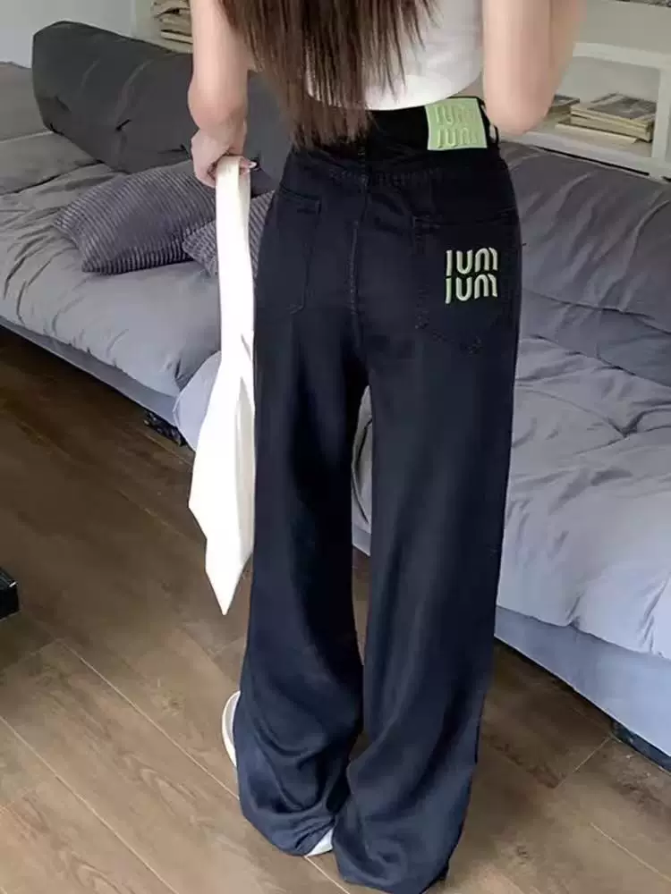 Quần jean ống đứng bằng vải lụa đen dành cho nữ, kiểu dáng mỏng mùa hè, cỡ lớn, lưng cao, mềm mại, thon gọn, quần ống rộng Tencel