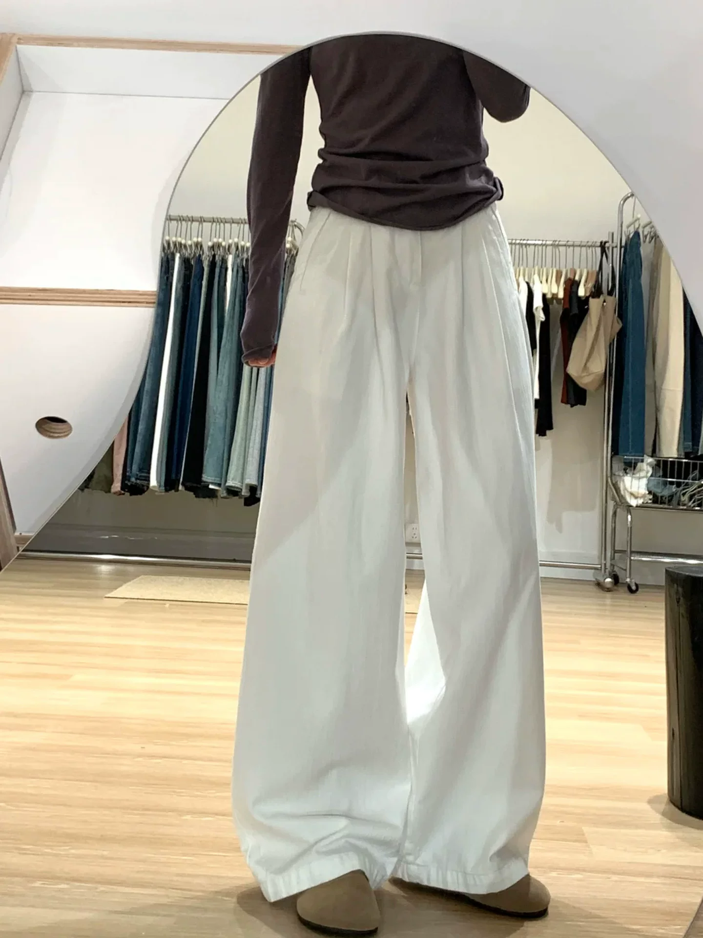 Quần jeans trắng ống rộng nữ, thu đông 2025, size lớn, dành cho phụ nữ mũm mĩm có hông rộng và đùi dày, cạp cao, dáng rộng, tôn dáng, quần dài ống rộng.