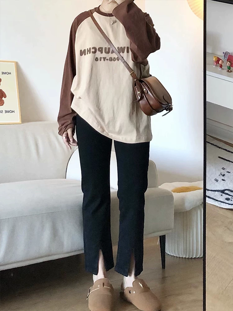 Quần jean ống thẳng dáng quả lê dành cho nữ, phong cách đầu thu, cỡ lớn, lưng cao, giảm béo, co giãn, quần xẻ tà, dài ngang đùi.