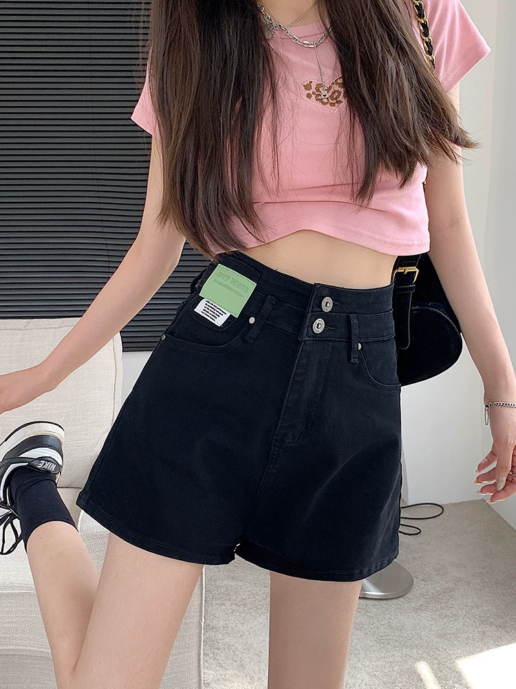 Quần short denim lưng cao màu đen dành cho nữ, kiểu dáng mỏng mùa hè, cỡ lớn, giảm béo, che bụng, quần ống rộng dáng chữ A nhỏ nhắn.