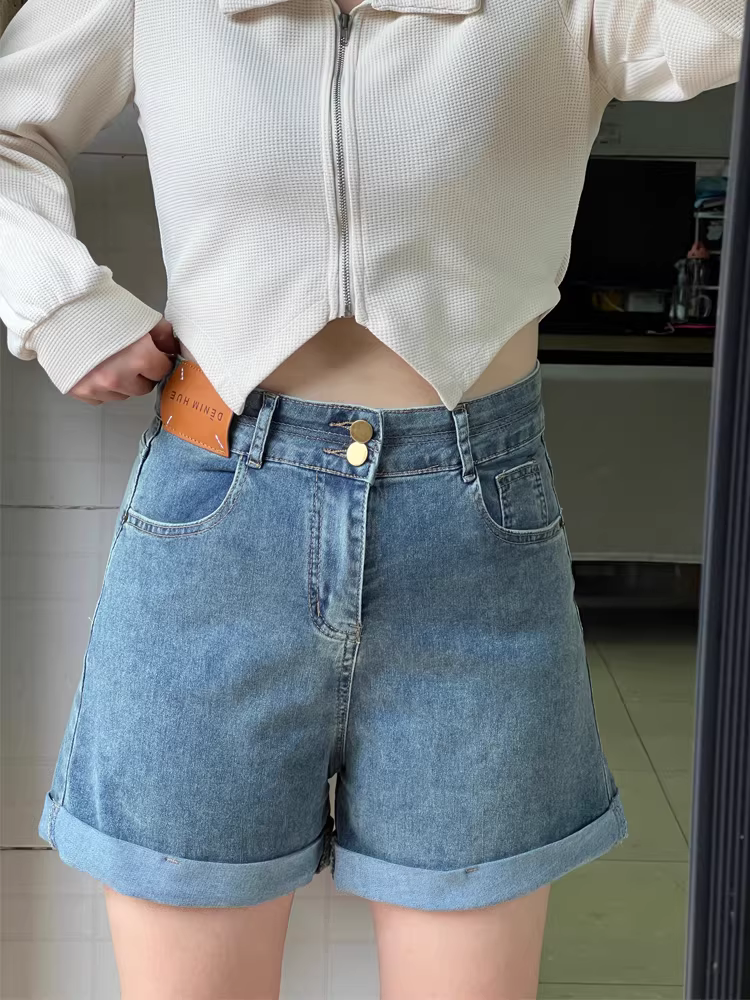 Thân hình quả lê, quần short denim viền cuốn dành cho nữ, cỡ lớn mùa hè, lưng cao, co giãn, che hông, quần ống rộng chữ A tôn dáng