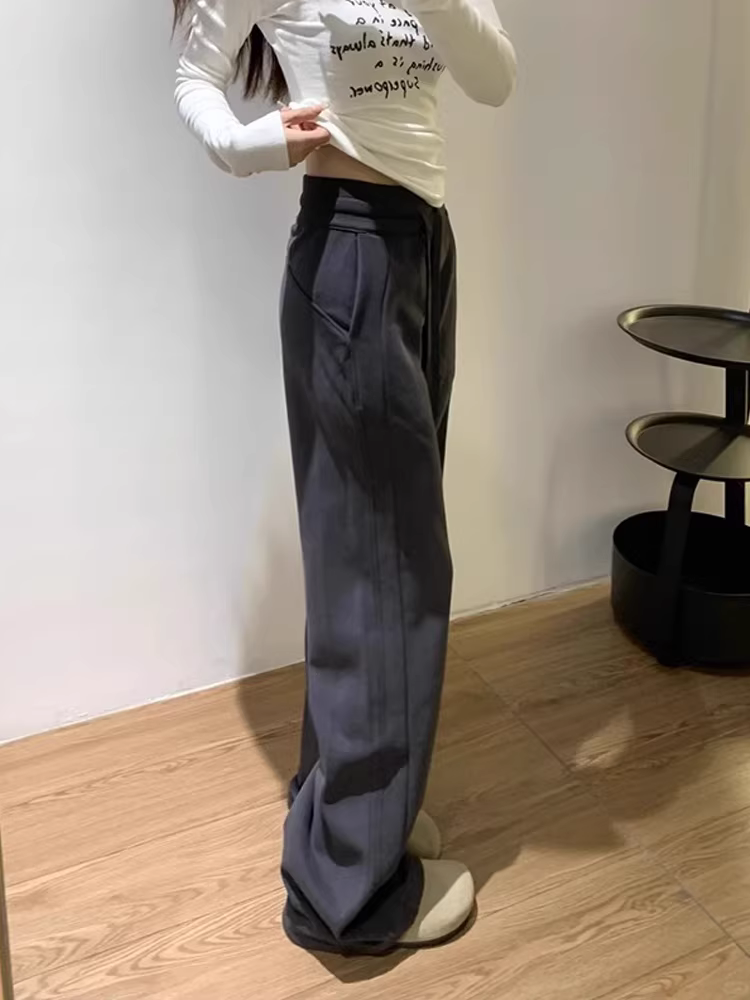 Quần thể thao ống đứng màu xám đậm kiểu Mỹ dành cho nữ, lót lông cừu mùa thu đông, cỡ lớn, cạp cao, che hông, quần thể thao giảm béo.