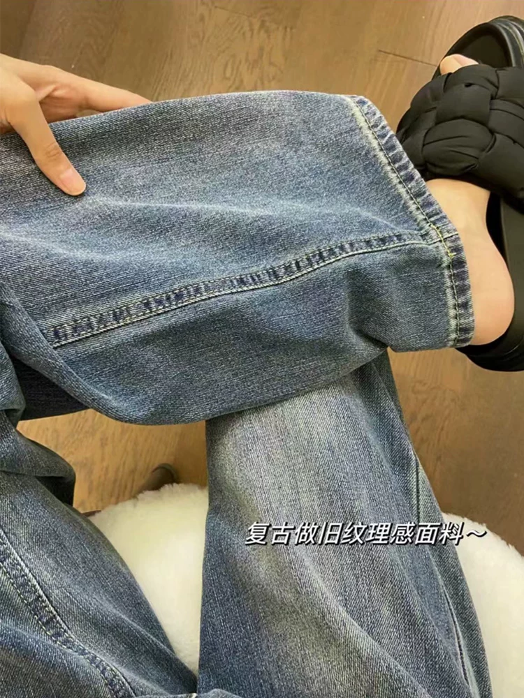 Quần jean ống đứng màu xanh cổ điển hình quả lê dành cho nữ đầu xuân phong cách mới cỡ lớn béo mm quần ống rộng lưng cao dáng rộng giảm béo