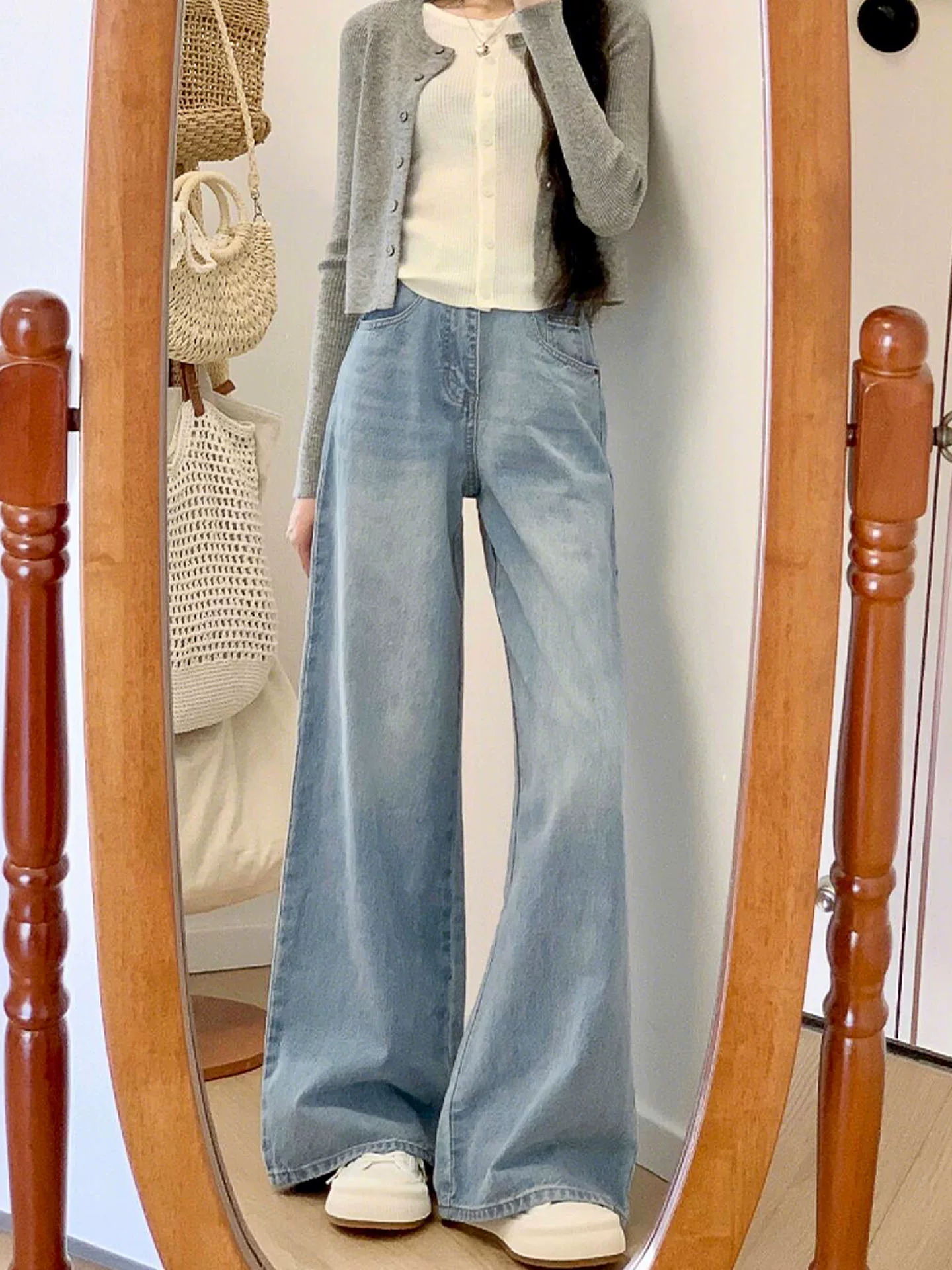 Quần jean ống rộng màu sáng cho nữ, kiểu dáng mùa thu mới, cỡ lớn, lưng cao, dáng rộng, giảm béo, dáng quả lê, quần ống thẳng