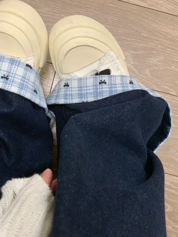 Quần jean chắp vá kiểu Mỹ dành cho nữ, mùa thu đông, cỡ lớn, mùa xuân, lưng cao, dáng rộng, giảm béo, quần ống thẳng, quần ống rộng