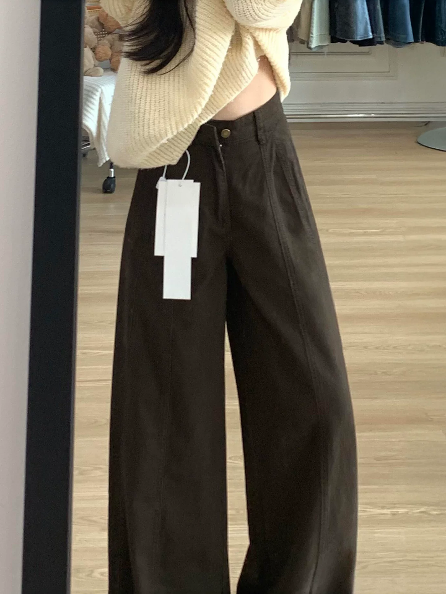 Quần jean ống đứng màu cà phê Melard dành cho nữ, mùa thu đông, cỡ lớn, lưng cao, dáng rộng, giảm béo, dáng quả lê, quần ống rộng