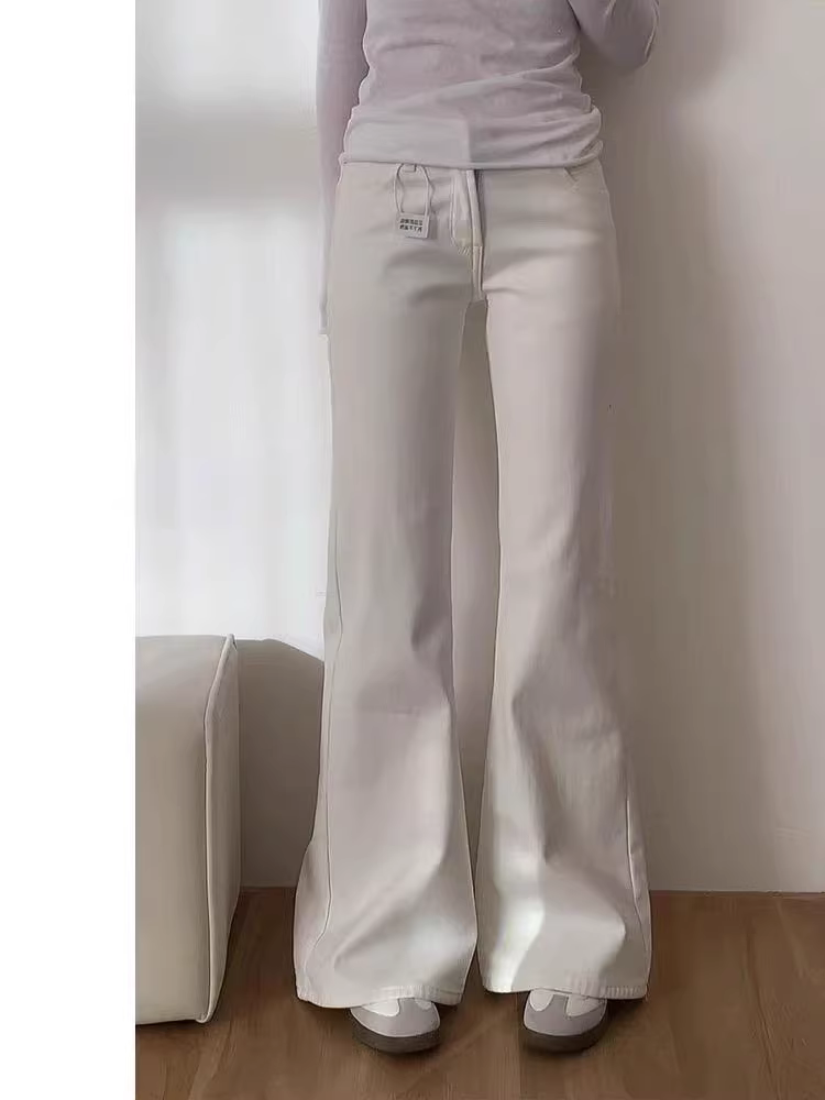 Quần jean trắng dáng loe nữ, thu đông 2025, size lớn, cạp cao, co giãn, tôn dáng, dành cho người có dáng quả lê, quần ống chuông