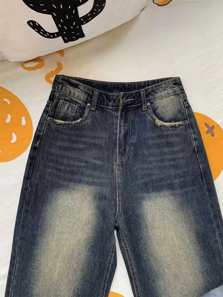 Quần jean ống thẳng kiểu Mỹ cổ điển dành cho nữ, phong cách mùa xuân mới, cỡ lớn, lưng cao, dáng rộng, che hông, quần ống rộng giảm béo