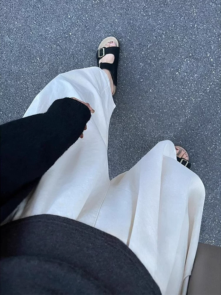 Quần ống rộng màu trắng dành cho nữ, mùa hè, cỡ lớn, lưng cao, dáng rộng, thon gọn, dáng quả lê, quần bóng dáng chín phần.