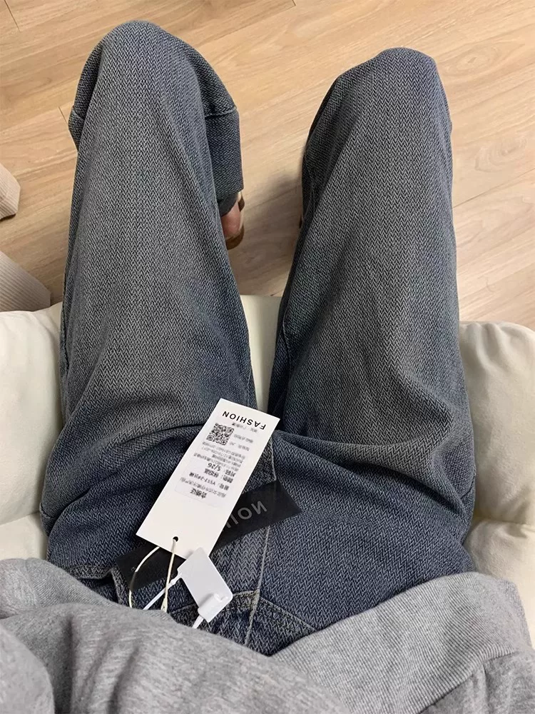 Quần jean ống thẳng họa tiết ngôi sao dành cho nữ, đầu thu, cỡ lớn, lưng cao, dáng rộng, giảm béo, dáng quả lê, quần ống rộng, dài đến sàn