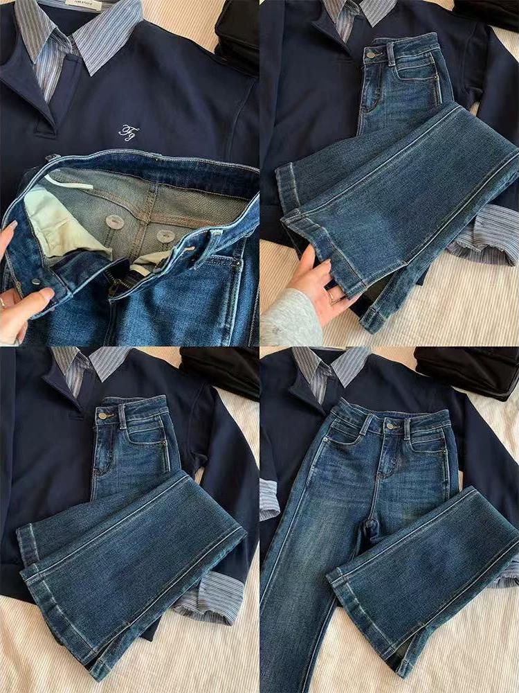 Quần ống loe dành cho nữ, kiểu dáng thu đông mới, cỡ lớn, lót lông cừu, dày dặn, cạp cao, che hông, co giãn, tôn dáng, quần denim ống loe.